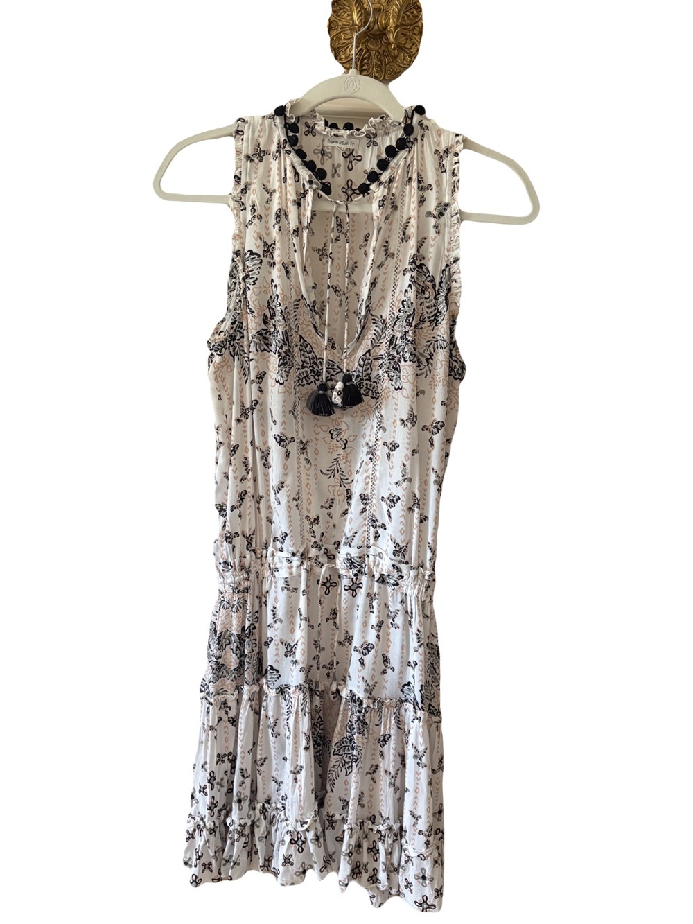 Poupette St. Barth Cream and Black Floral Tiered Mini Dress with Tassel
